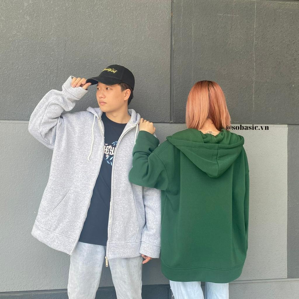 Áo khoác hoodie zip trơn unisex tay phồng form rộng Sobasic chất nỉ bông mềm mịn phong cách trẻ trung