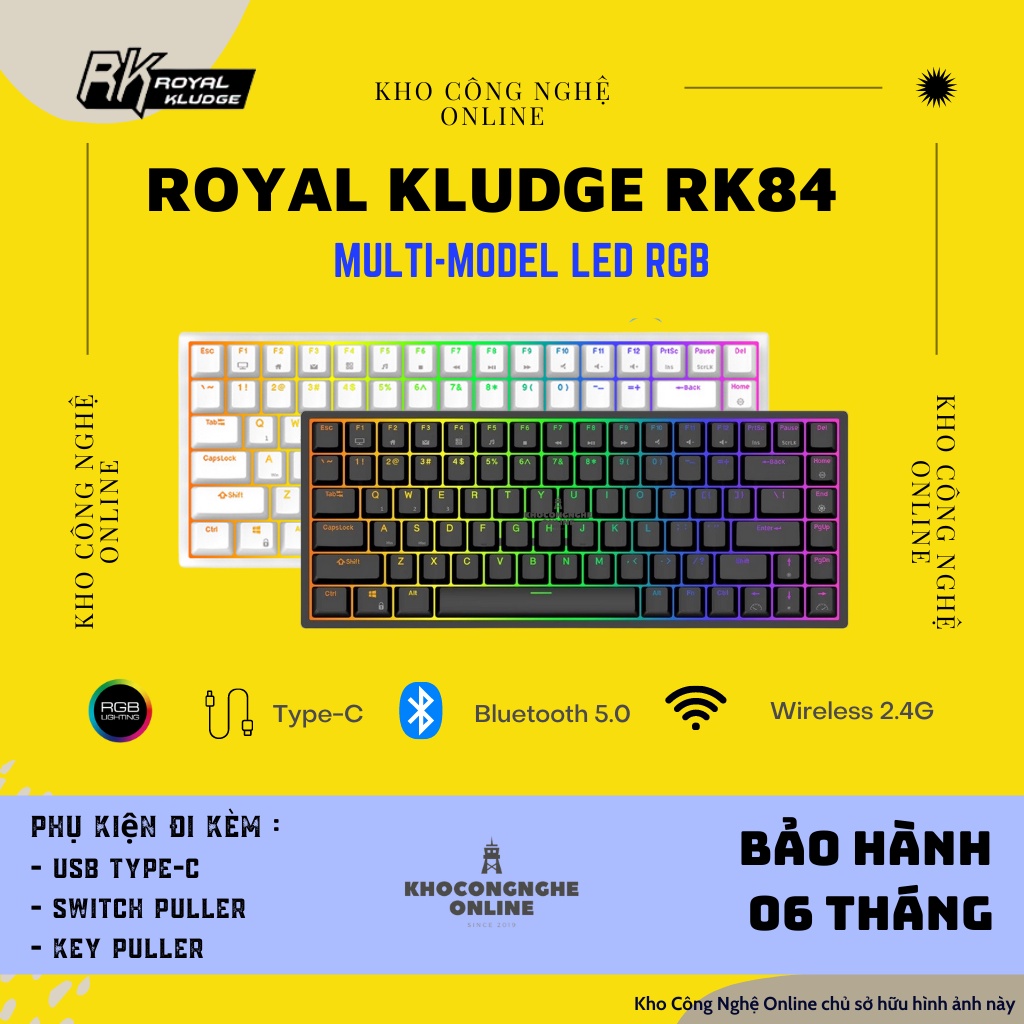 Bàn phím cơ máy tính Royal Kludge RK84 Hotswap kết nối 3 chế độ (Bluetooth 5.0  | Wireless 2.4G | Dây type C)