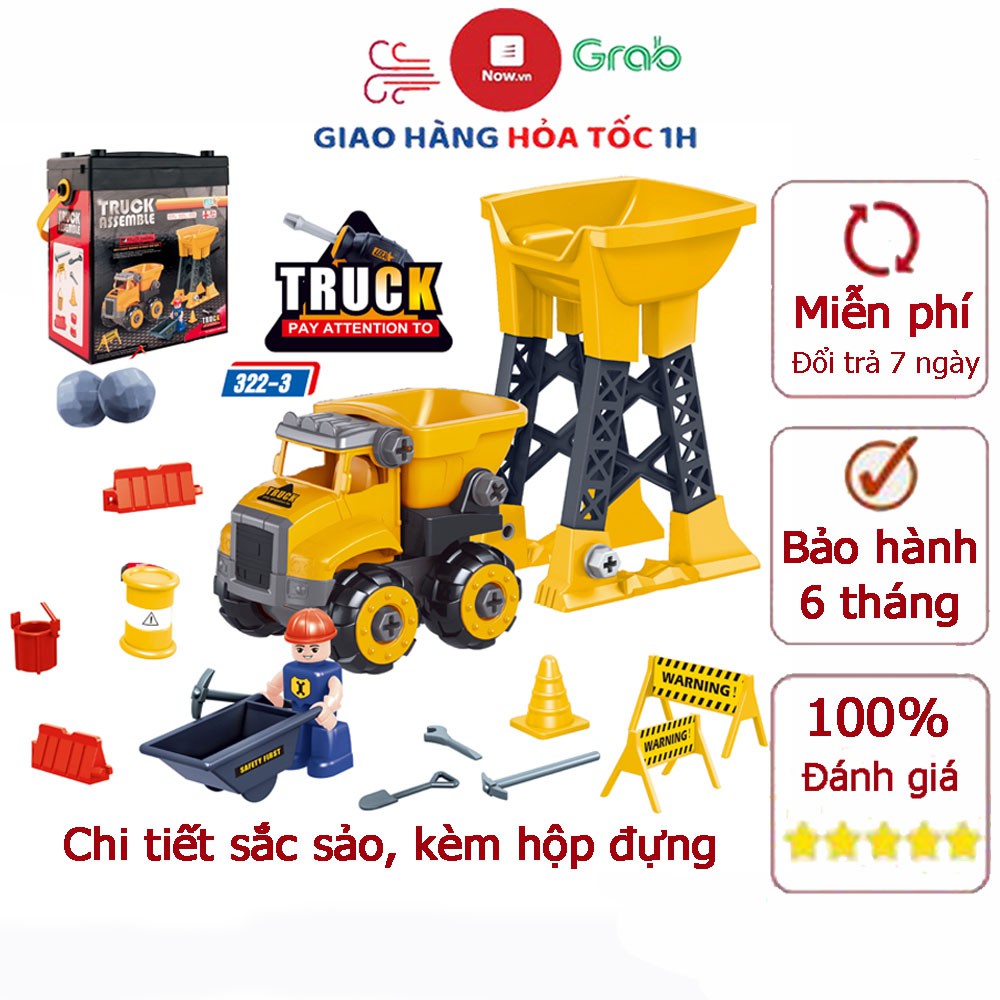 Tuyển tập bộ đồ chơi lắp ghép xe công trình xe tải, xúc, ủi kèm các chi tiết cần trục, công nhân, biển báo,