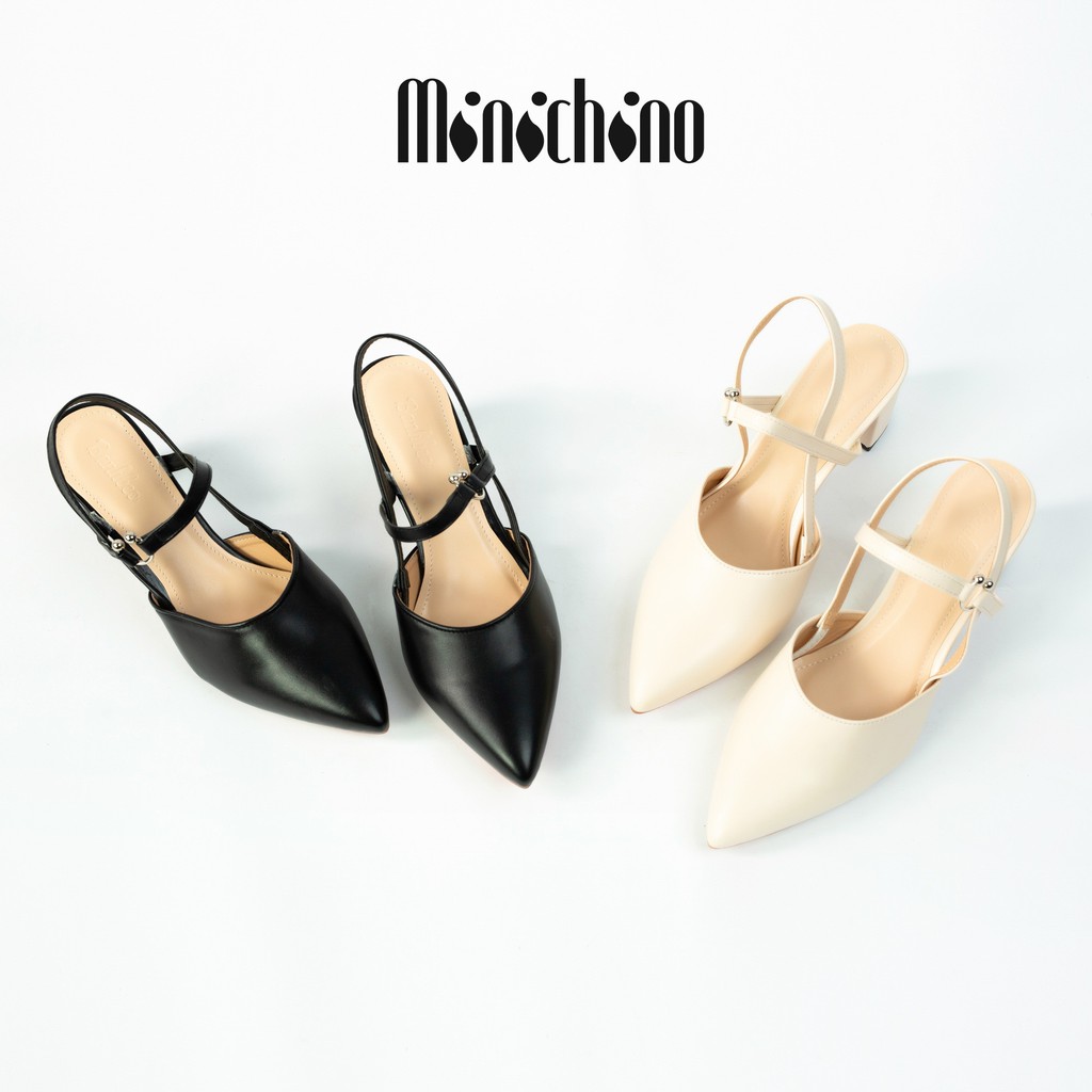Giày cao gót nữ cao 5cm MINICHINO đế vuông mũi nhọn, phối dây thời trang màu kem TC005