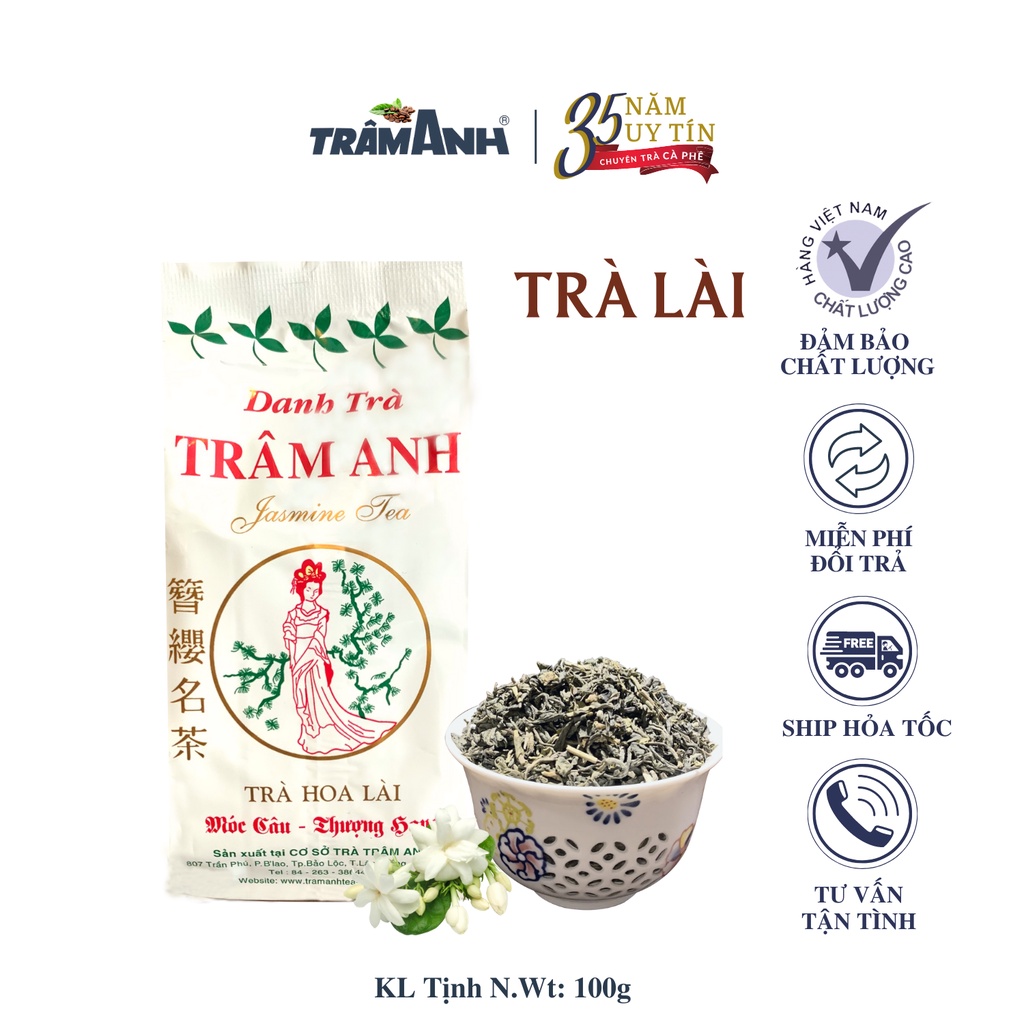 Trà Hoa Lài Thượng Hạng TRÂM ANH - gói trắng 100gr - Trà móc câu Bảo Lộc ướp Hoa Lài tươi