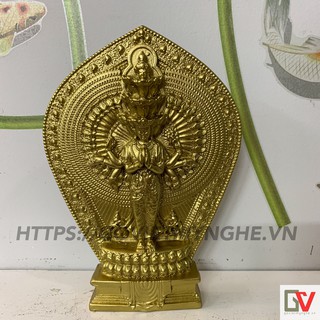 Tượng đá trang trí Bồ tát Quan Âm nghìn mắt nghìn tay đứng tòa sen - Chiều Cao 19cm - Màu nhũ vàng