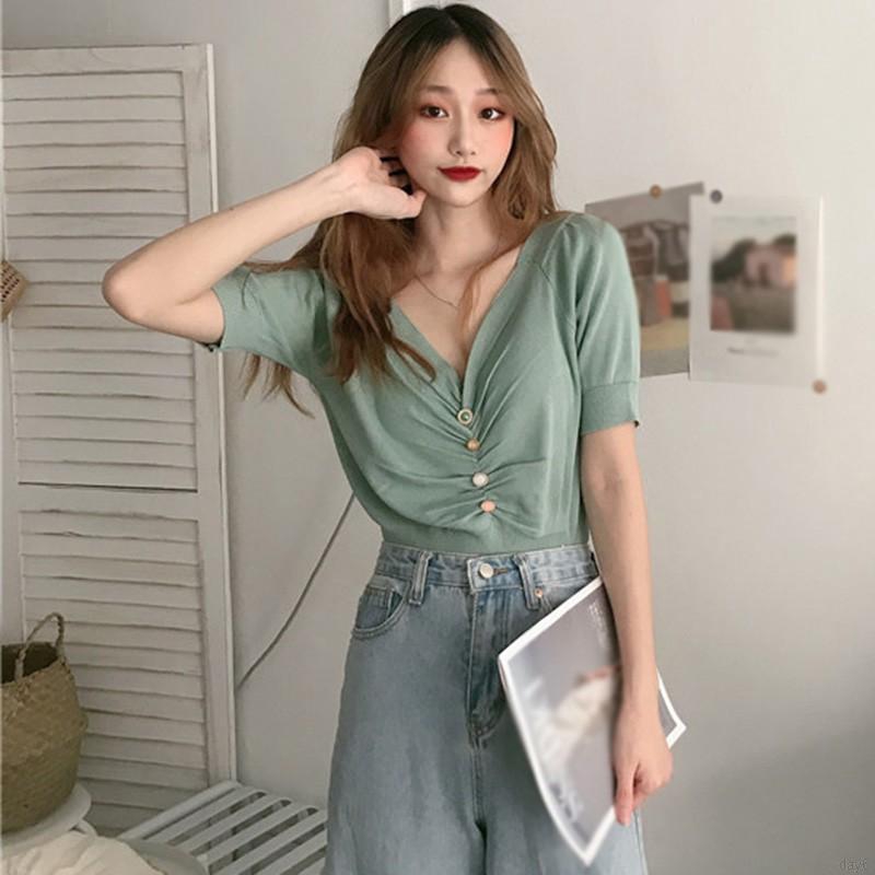Áo Dệt Kim Tay Ngắn Cổ Chữ V Màu Trơn Phong Cách Hàn Quốc