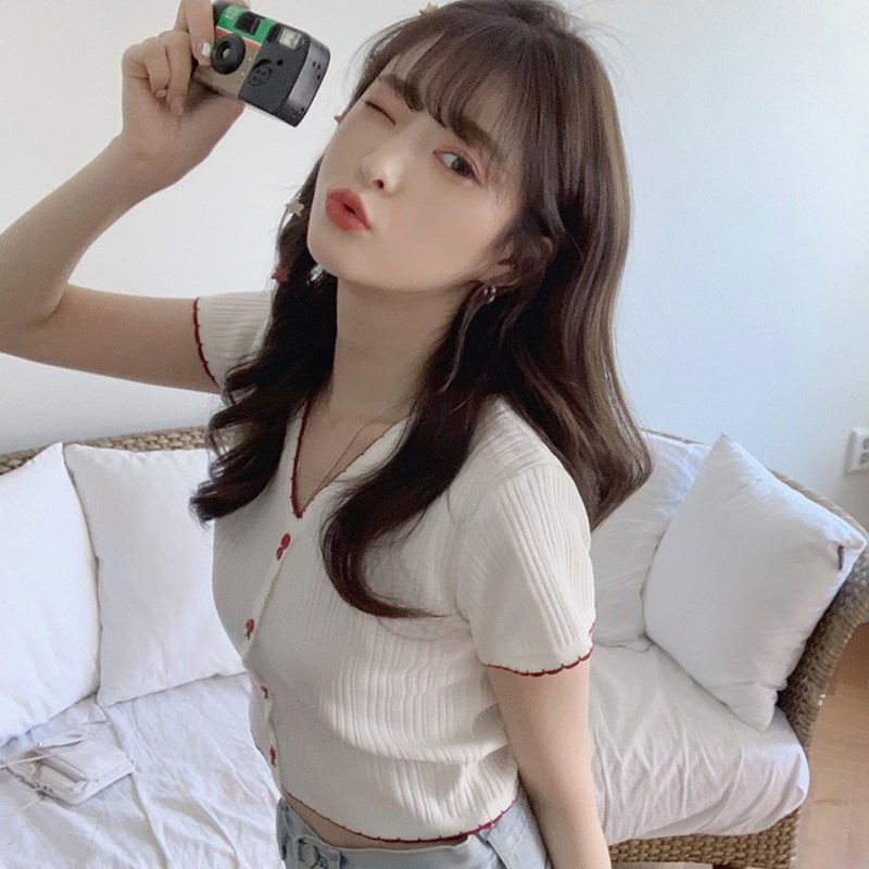 Áo Thun Dệt Kim Tay Ngắn Eo Cao Thời Trang Mùa Hè Cho Nữ