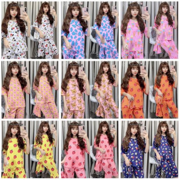 Đồ Bộ Pijama Thun Cotton Tay Ngắn Quần Lửng Họa Tiết Hoạt Hình Dễ Thương Tặng Kèm Túi P2