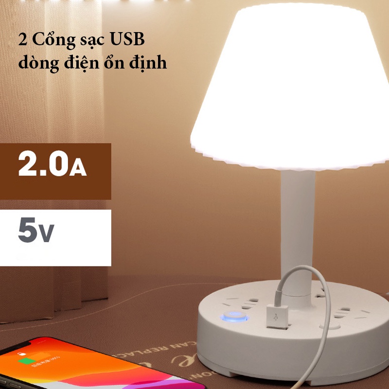 Đèn Ngủ Để Bàn Đa Năng Hình Nấm Tích Hợp 3 Ổ Cắm Điện,  2 Cổng Sạc USB, Giá Để Điện Thoại - DN05 - Gia Dụng Tý Tẹo