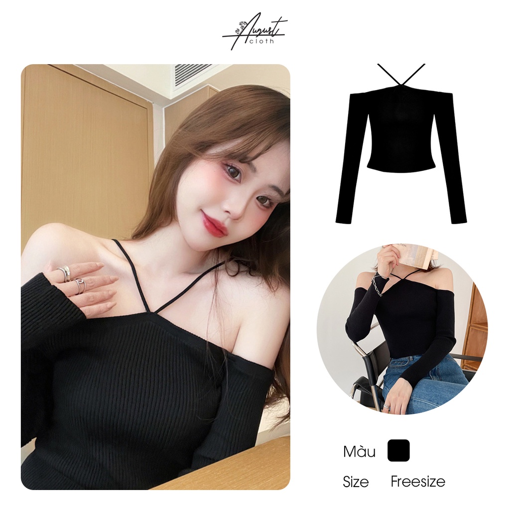 [Augustcloth] Áo croptop vải gân trễ vai tay dài trắng dây chéo cổ phong cách Hàn Quốc