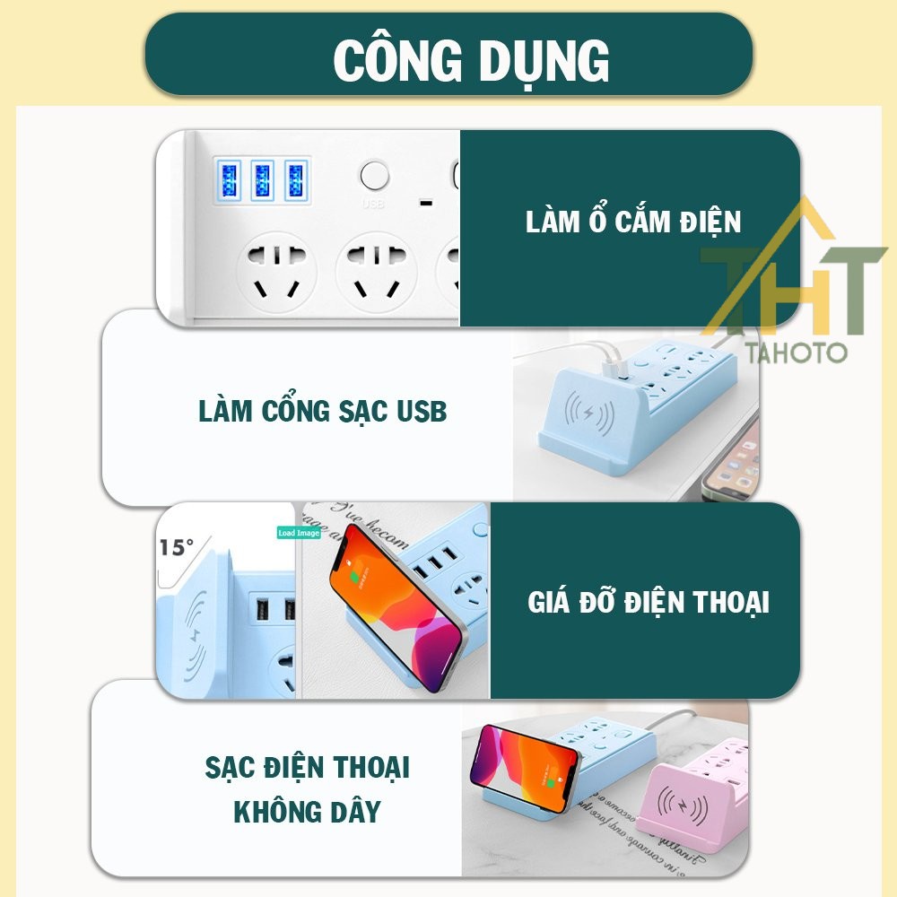 Ổ cắm điện đa năng thông minh sạc không dây TAHOTO, 3 cổng usb sạc nhanh, chịu tải 2500w, tiết kiệm điện.