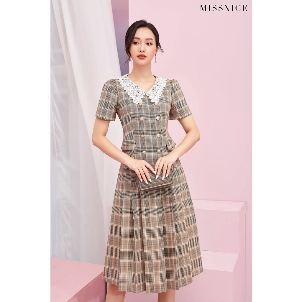 Set váy kẻ caro nâu tây cổ ren, chân váy xếp ly thiết kế MISSNICE BY ROSE