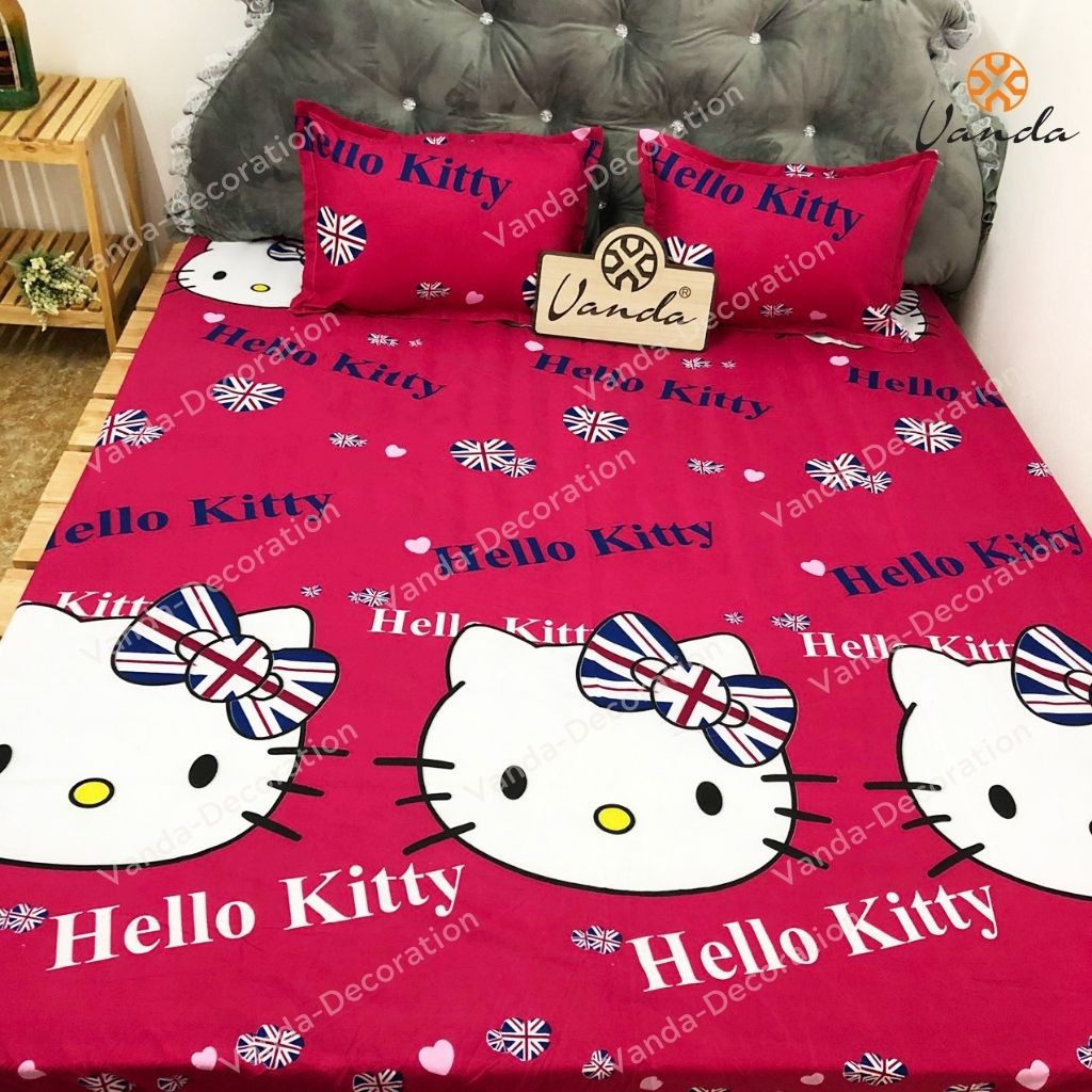 Bộ chăn hè Cotton Poly VN ga gối , drap giường họa tiết kitty đỏ