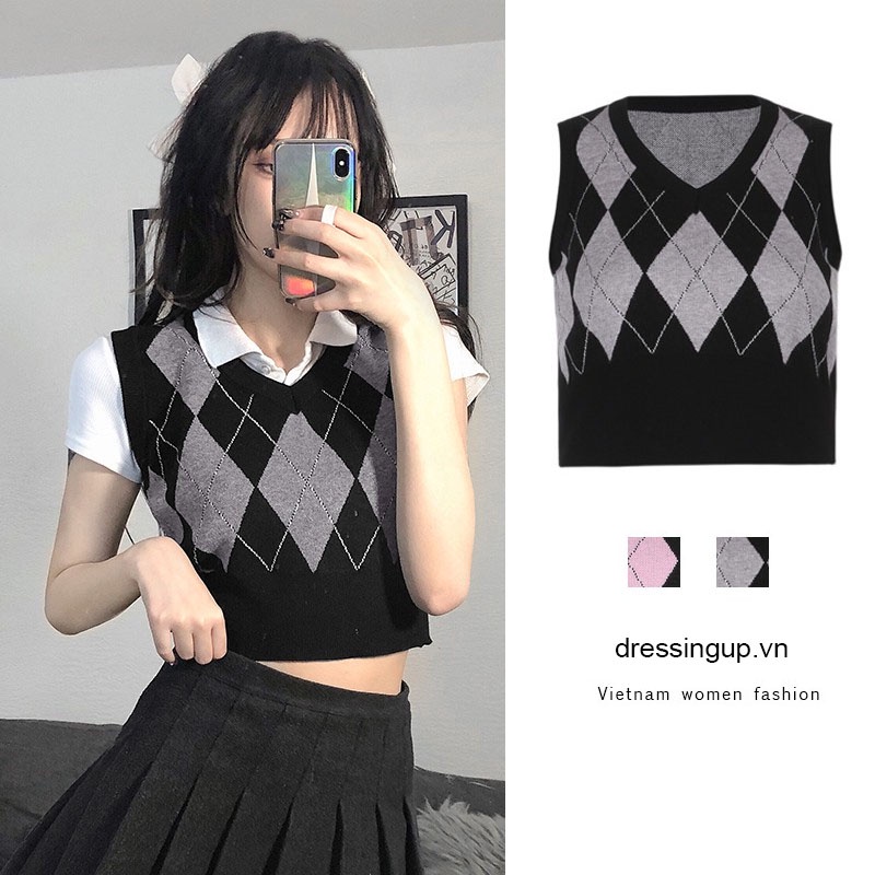 Áo Dệt Kim Nữ Không Tay Cổ Chữ V Màu Hồng / Xám