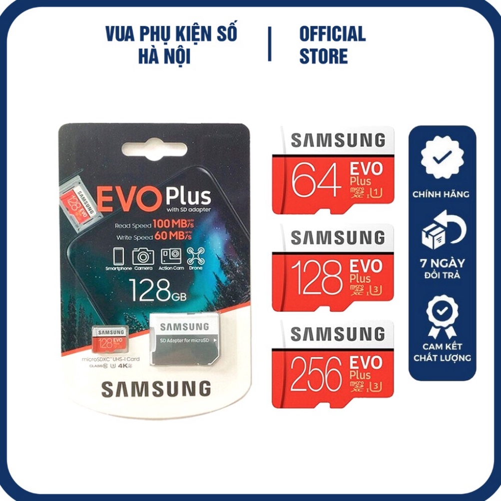 Thẻ Nhớ Samsung 128GB 64Gb Micro SD EVO Plus Lắp Cho Điện Thoại, Máy Ảnh-Tốc Độ Cao Bảo Hành 3 Năm 1 Đổi 1