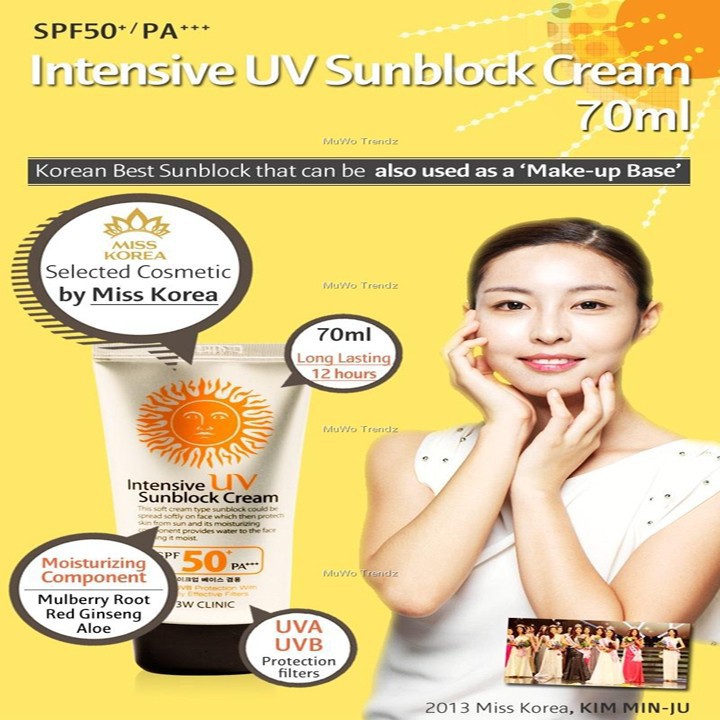 Kem chống nắng, kiềm dầu, dưỡng da, 💖FREESHIP💖 Kem Chống Nắng 3w Clinic Intensive UV Sunblock Cream SPF 50 Pa+++