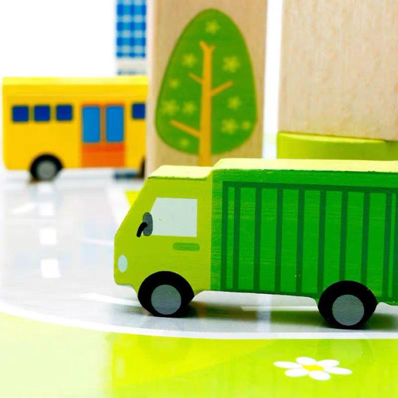 Bộ đồ chơi xếp hình khối gỗ 62 chi tiết, 100 chi tiết gỗ in hình xếp mô hình thành phố có hộp cho bé thỏa sức sáng tạo
