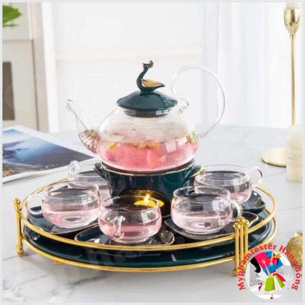 Bộ ấm chén pha trà hoa cúc ấm bằng thủy tinh chịu nhiệt kèm khay hình  tròn
