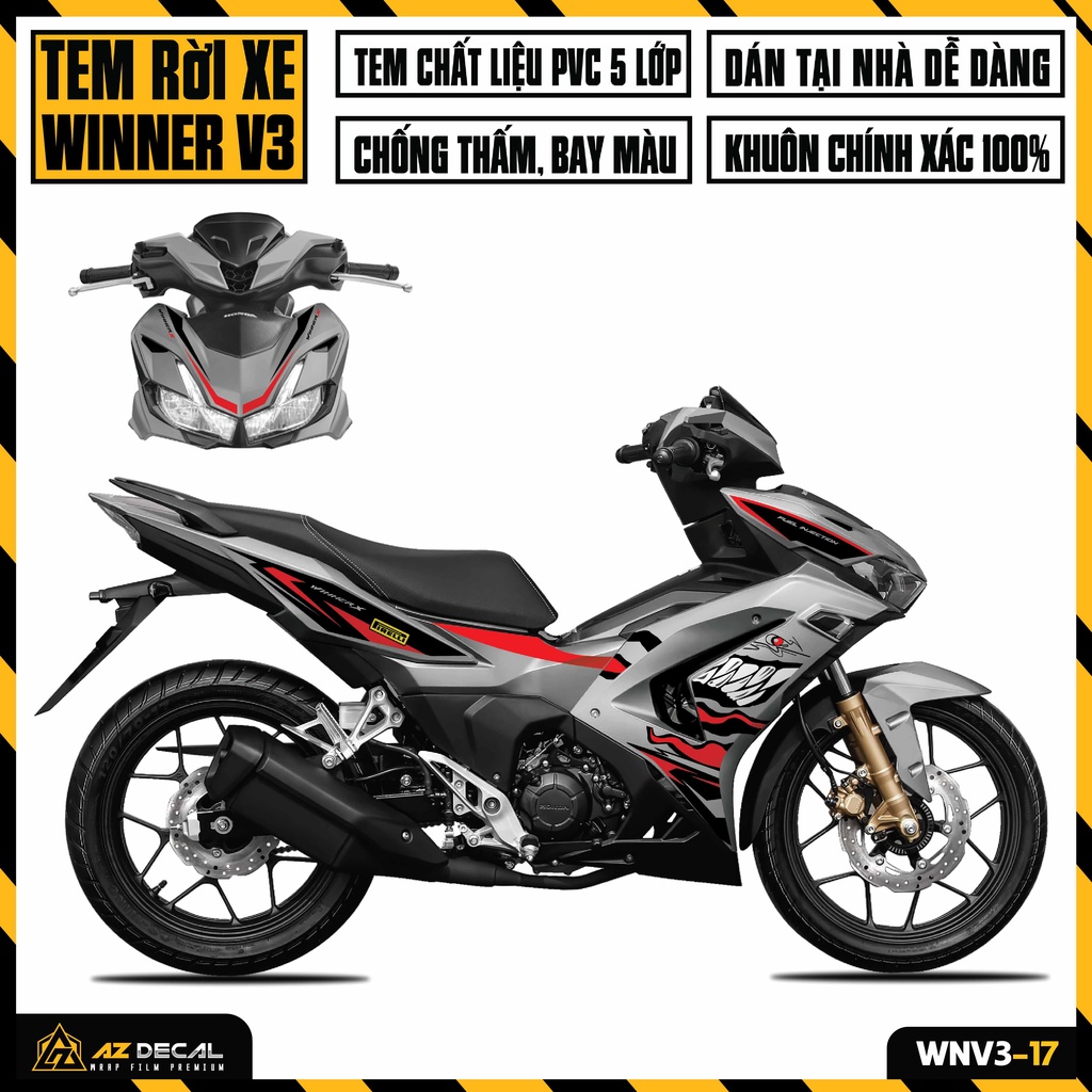 Tem Rời Xe Winner V3 Mẫu Cá Mập | WNV3-17 | Decal Chế Dán Winner X 2022 Đẹp Cho Xe Sơn Đen Trắng Đỏ Xám