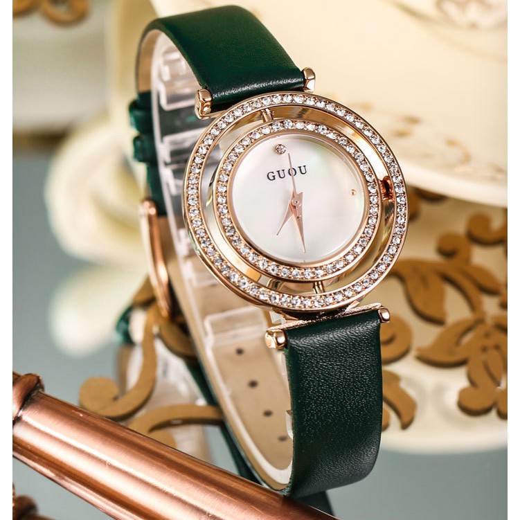 Đồng hồ nữ đeo tay dây da Guou mặt xoay 360 độc đáo chính hãng chống nước tuyệt đối
