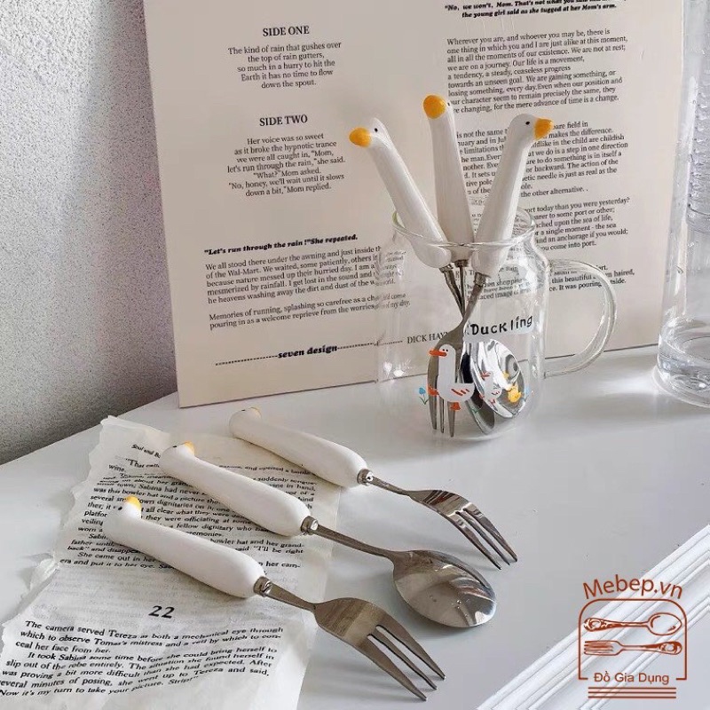 Thìa Dĩa Sứ Cao Cấp Hình Vịt Cute, Thìa Dĩa Decor, Hộp Thìa Dĩa Văn Phòng