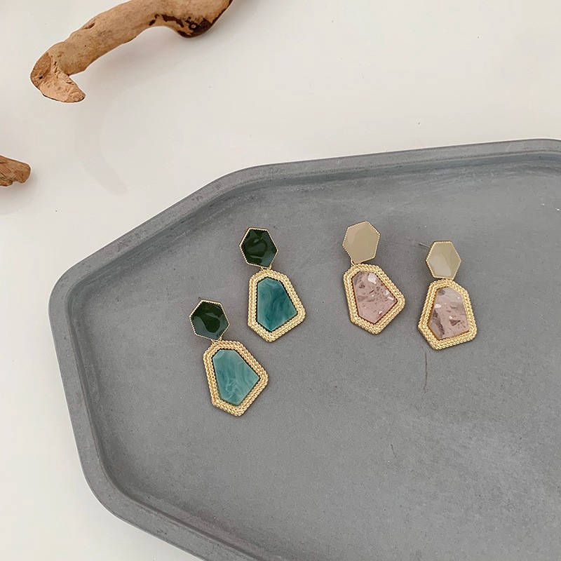 Enamel Stone Geometric Mental Drop Earring Girl Ins