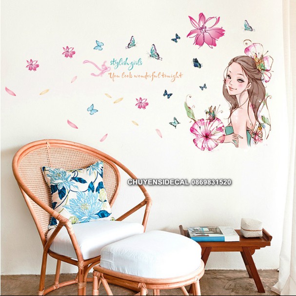 Decal trang trí tường - Cô Gái Tóc Hồng Hoa lớn