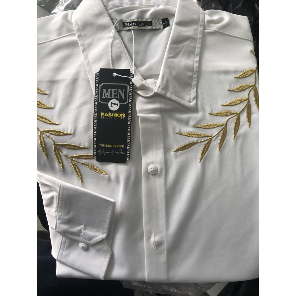 ÁO SƠ MI NAM HÀN QUỐC THÊU CÀNH LÁ QUANH CỔ - KTD009 | BigBuy360 - bigbuy360.vn