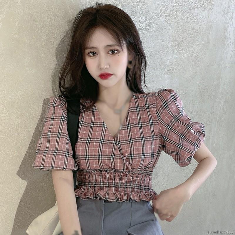 Áo croptop tay phồng cổ chữ V in caro thời trang cho nữ
