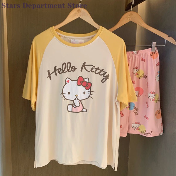 Bộ Đồ Ngủ Pijama Ngắn Tay In Hình Hello Kitty Dễ Thương Cho Nữ
