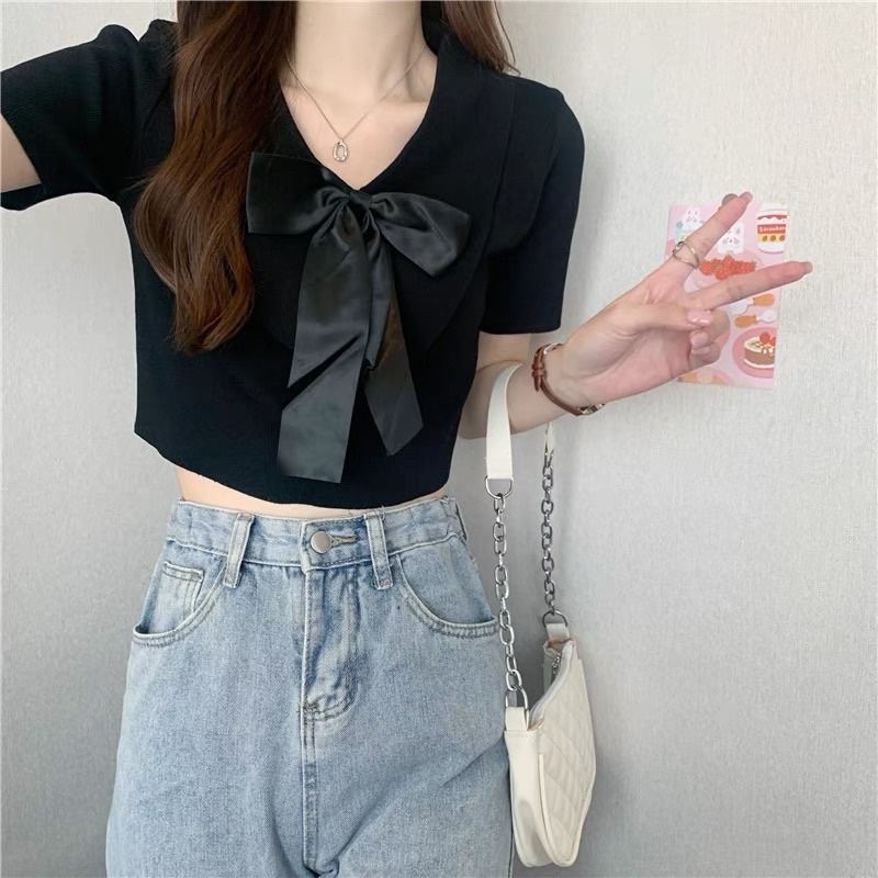 áo len dệt kim mix nơ ruy băng (58048#)