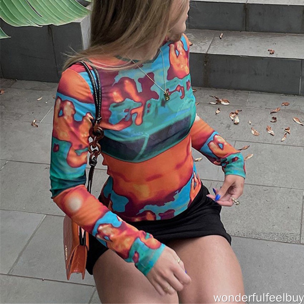 Áo croptop tay dài in họa tiết màu sắc 95% polyester 5% spandex đơn giản thời trang mùa thu cho nữ | BigBuy360 - bigbuy360.vn