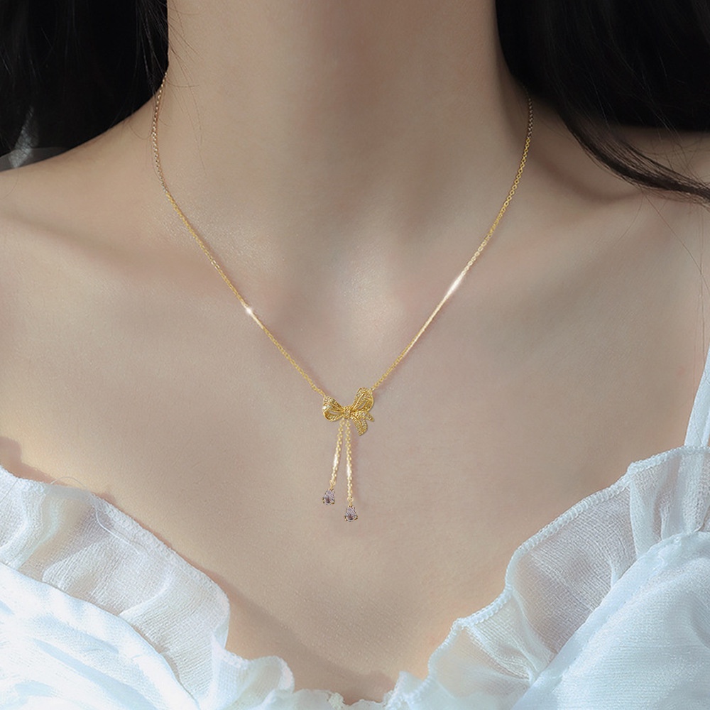 XiaoboACC Vòng Cổ Thép Titan Mạ Vàng 18K Mặt Nơ Đính Đá Zircon 38CM+6CM