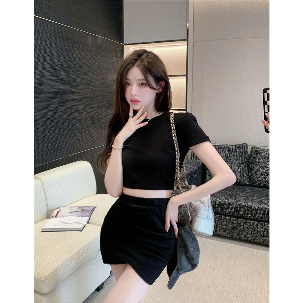 Áo Thun Ngắn Tay Hở Lưng / Chân Váy Ngắn Lưng Cao Ôm Dáng Gợi Cảm Cho Nữ