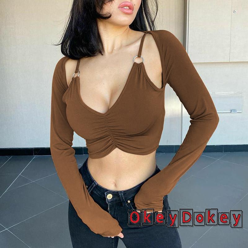 Women´s Summer Solid Color Deep V Neck Long Sleeves Crop Tops