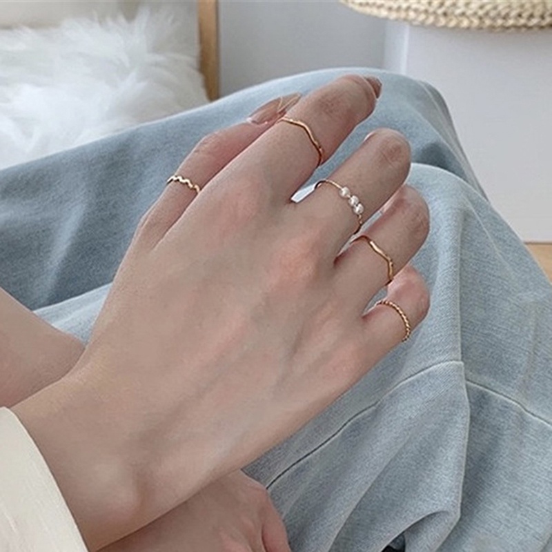 Set 5 nhẫn mạ vàng/bạc kiểu gợn sóng phong cách Hàn Quốc