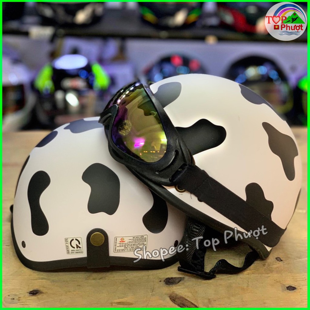 Mũ Bảo Hiểm nửa đầu 1/2 Tem  Bò Sữa Nhiều Màu Gắn Kính - Nón Chất Lượng Cao, Đạt Chuẩn Kiểm Định