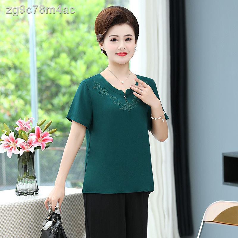 áo sơ mi nữ vải lanh và cotton mới mùa hè phông ngắn tay mỏng hình chữ V thêu cổ tròn phù hợp với mẹ trung niê