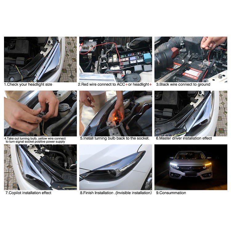 2 Dải Đèn LED DRL Ánh Sáng Trắng / Vàng Hướng Dẫn Cho Đèn Pha Xe Hơi