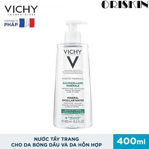 Vichy Chính Hãng- Nước Tẩy Trang Vichy Cho Da Bóng Dầu Và Da Hỗn Hợp Pureté Thermale Mineral Micellar Water 400Ml