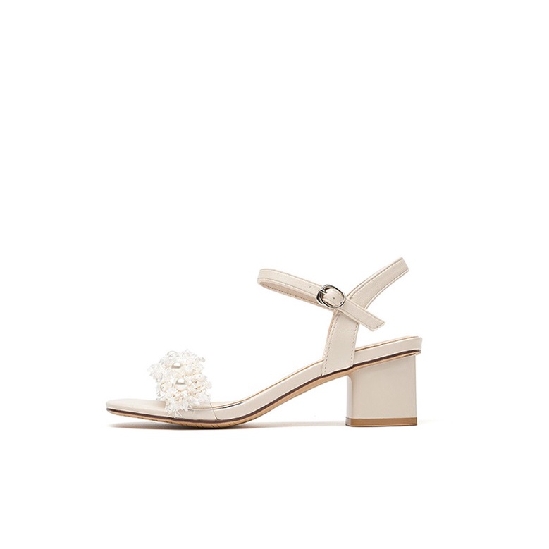 Giày sandal Dusto quai ngang phối nhựa trong và vải xinh xắn, gót 6cm