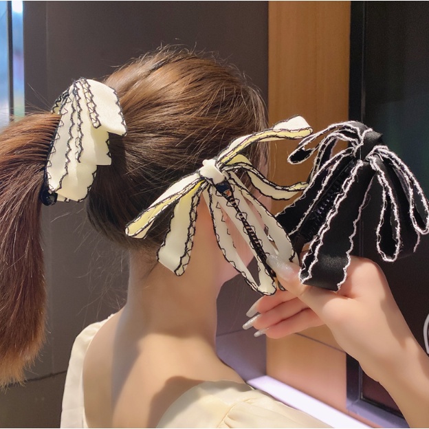 Kẹp Tóc Dọc Tiệm Thêu Việt  Đính Nơ Ruy Băng Lụa Mờ Viền Bô Đê