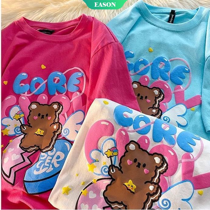 Summer Cotton Short-sleeved T-shirt Cute Bear Print T-shirt Loose Casual Couple Short-sleeved T-shirt Sweet Girl【E.A】