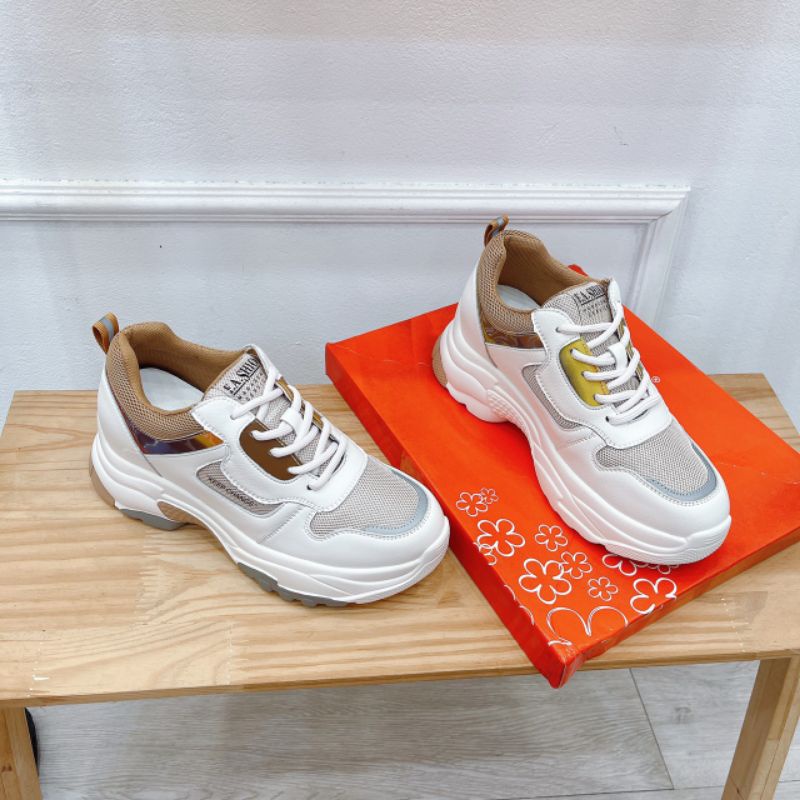 LoH(ẢMH THẬT) Giày Thể Thao Nữ Nâng Đế 6p Nâu Vàng Pha Lưới Da Mềm Êm Fullbox Cao Cấp