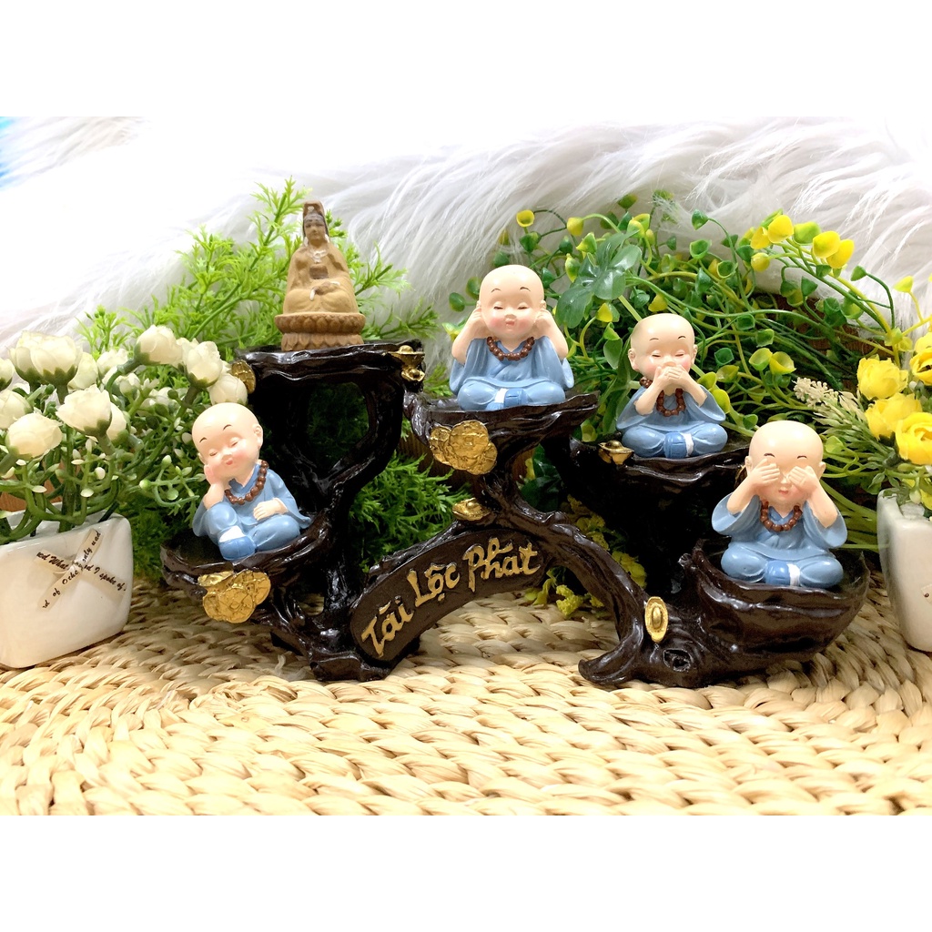 Full Set Quan Âm Bồ Tát và các Chú Tiểu tọa đế Tài Lộc Phát (Hình Thật)