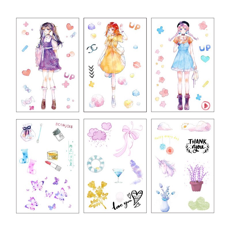 Set 6 tấm sticker hình dán cổ trang màu nước xinh xắn thơ mộng trang trí sổ đáng yêu giá rẻ
