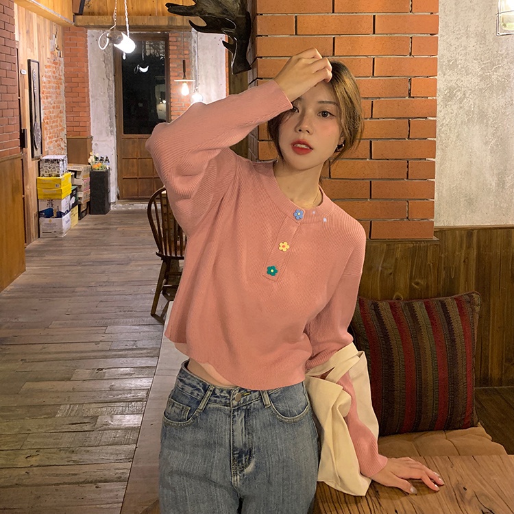 Porozi  Áo sweater tay dài in hoa phối nút phong cách Hàn Quốc cho nữ
