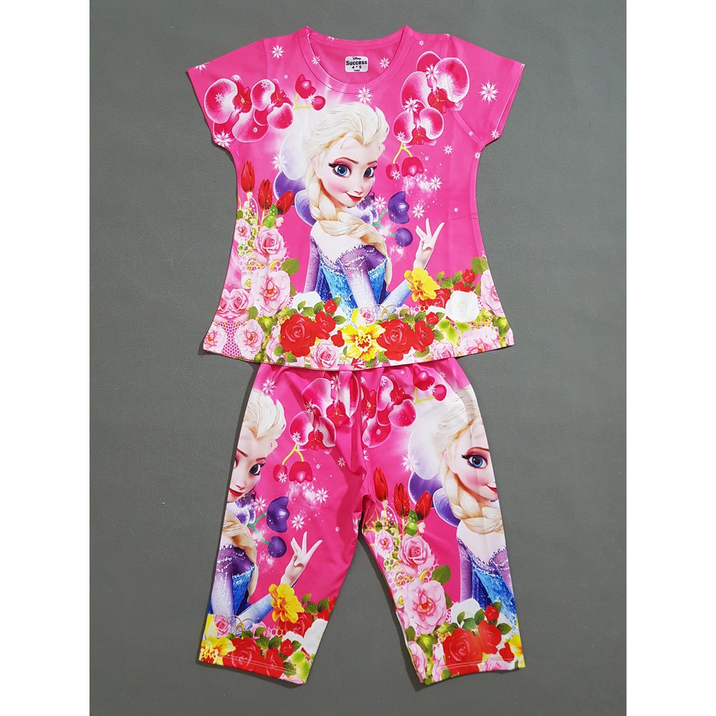 Bộ Thun cotton lạnh bé gái in công chúa elsa