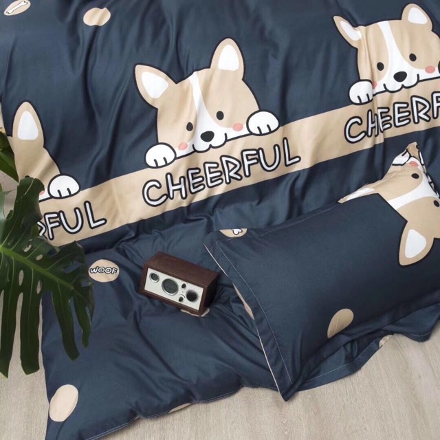 Chăn ga gối Emmibedding chất liệu cotton poly họa tiết chó cheful đáng yêu đủ size miễn phí bo chun