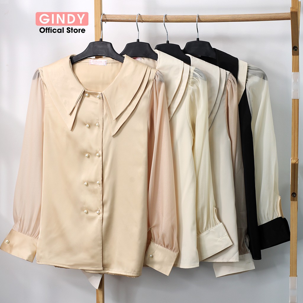 Áo sơ mi Hàn Quốc nữ GINDY lụa voan cổ bẻ hai lớp dài tay dáng basic trơn thời trang nữ công sở, học sinh A031