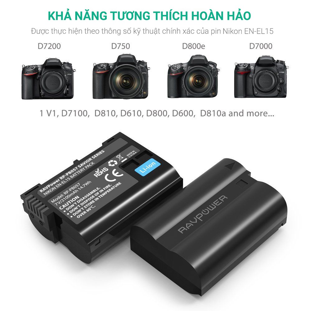 Bộ 2 pin 1 sạc RavPower cho Nikon EN-EL15