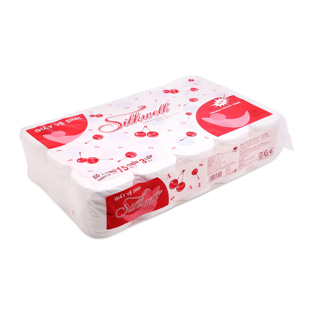 Giấy vệ sinh cao cấp Silkwell Cherry 15 cuộn 3 lớp có lõi, giấy vệ sinh siêu mềm mịn không tẩy trắng hàng chính hãng