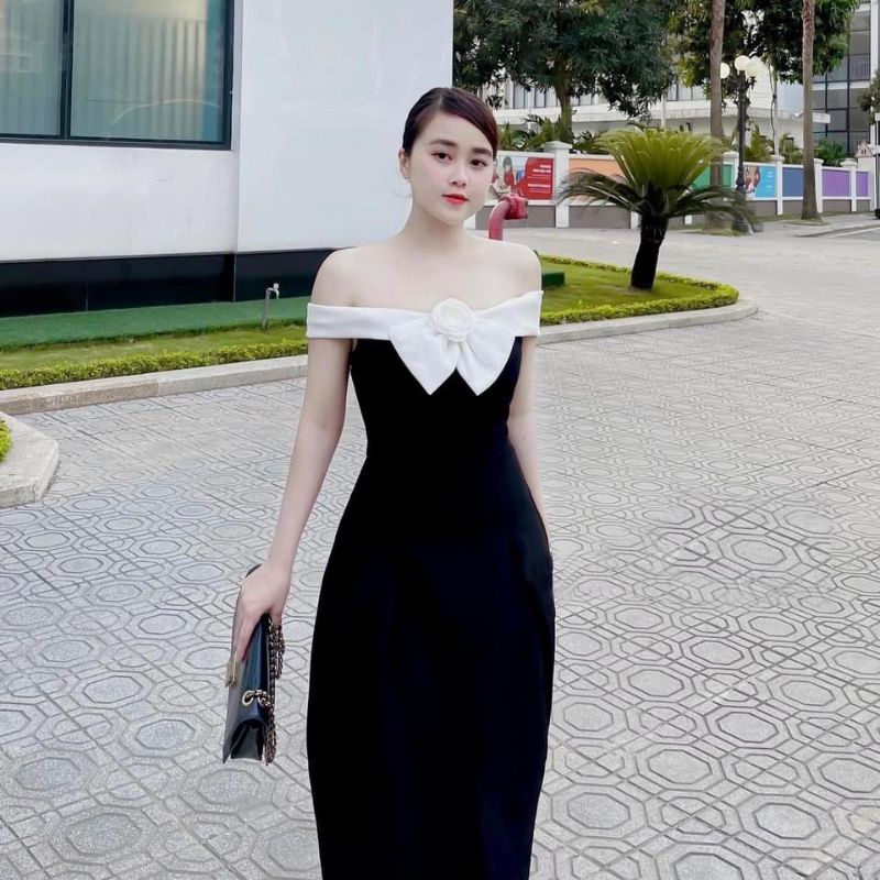BÁN SỈ - VÁY PHỐI NGANG VAI HOA XẺ TÀ NỮ HÀNG ĐẸP THIẾT KẾ